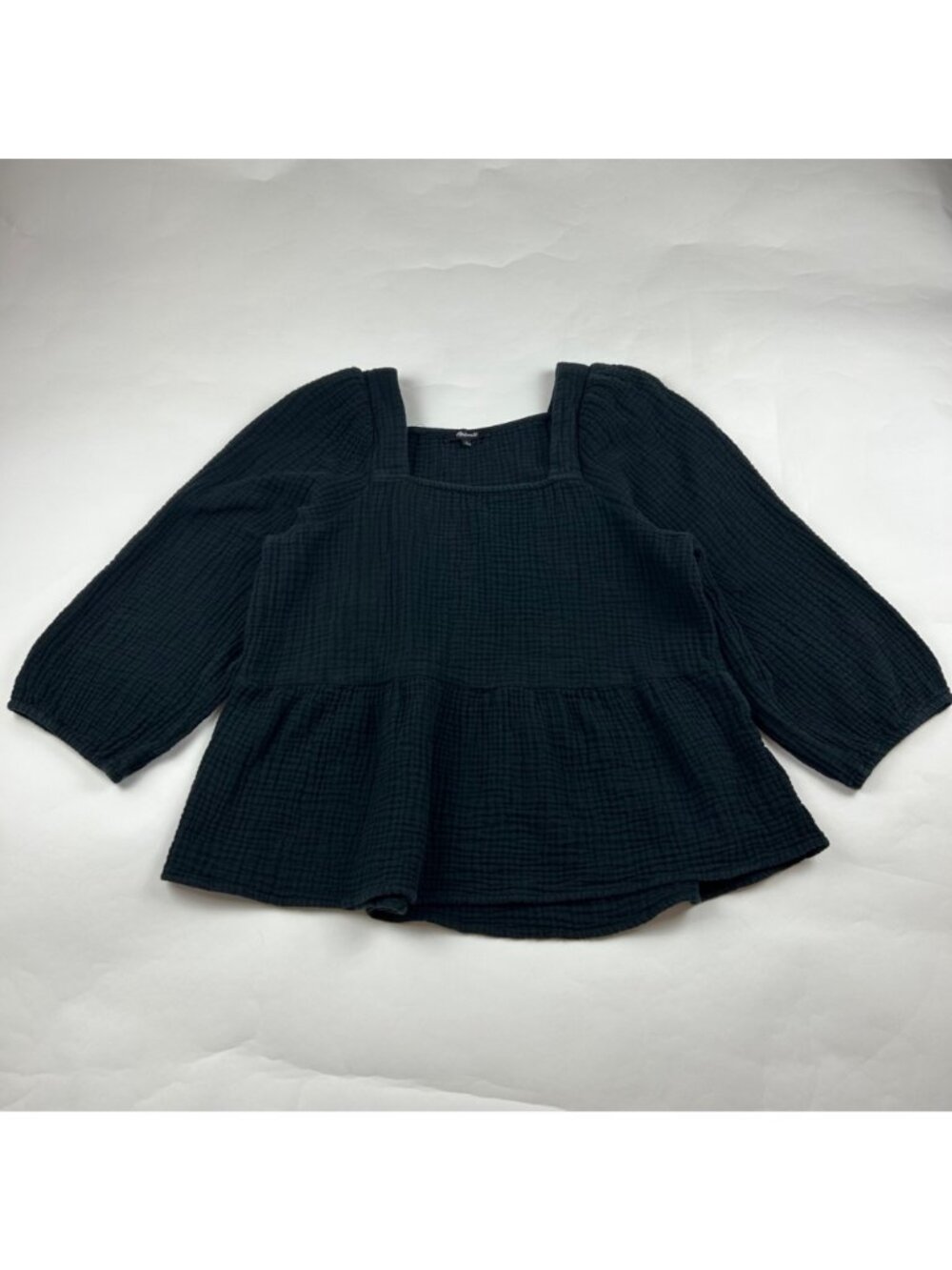 Madewell Black Cotton Gauze Millbrook Puff-Sleeve Peplum Top L - Picture 2 of 7